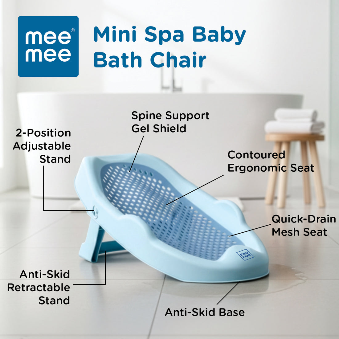Mee Mee Mini Spa Baby Bath Chair with Spine Support Shield & Adjustable Recline | Anti-Skid Base, Quick-Drain Mesh, BPA-Free Ergonomic Bath Seat for Newborns & Infants, Portable Design (Blue)