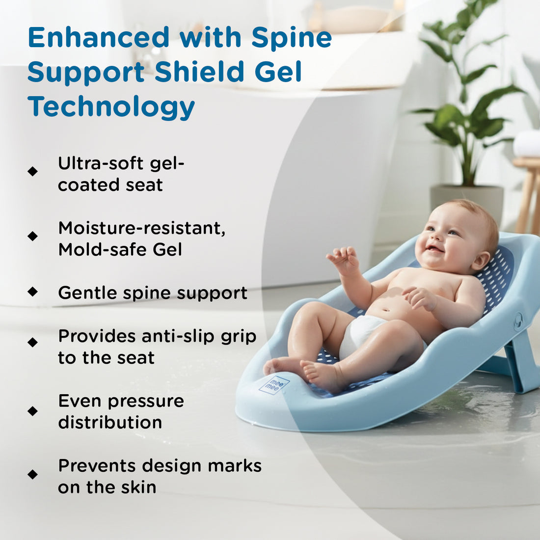 Mee Mee Mini Spa Baby Bath Chair with Spine Support Shield & Adjustable Recline | Anti-Skid Base, Quick-Drain Mesh, BPA-Free Ergonomic Bath Seat for Newborns & Infants, Portable Design (Blue)