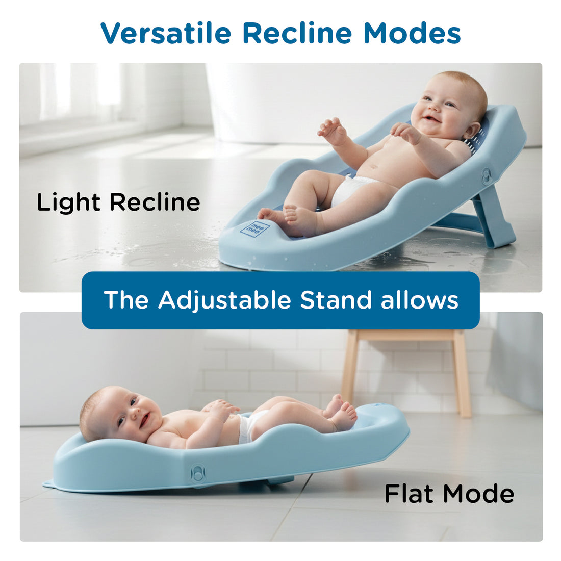 Mee Mee Mini Spa Baby Bath Chair with Spine Support Shield & Adjustable Recline | Anti-Skid Base, Quick-Drain Mesh, BPA-Free Ergonomic Bath Seat for Newborns & Infants, Portable Design (Blue)