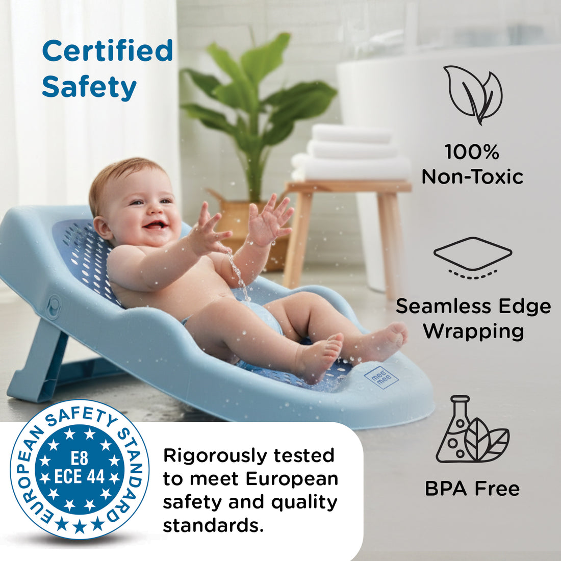 Mee Mee Mini Spa Baby Bath Chair with Spine Support Shield & Adjustable Recline | Anti-Skid Base, Quick-Drain Mesh, BPA-Free Ergonomic Bath Seat for Newborns & Infants, Portable Design (Blue)