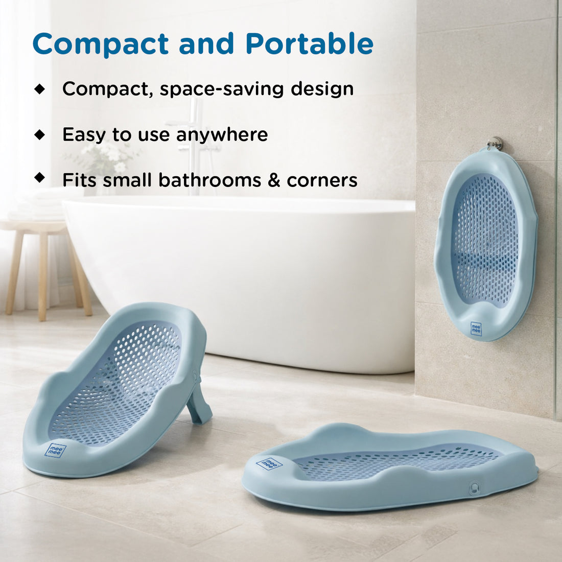 Mee Mee Mini Spa Baby Bath Chair with Spine Support Shield & Adjustable Recline | Anti-Skid Base, Quick-Drain Mesh, BPA-Free Ergonomic Bath Seat for Newborns & Infants, Portable Design (Blue)