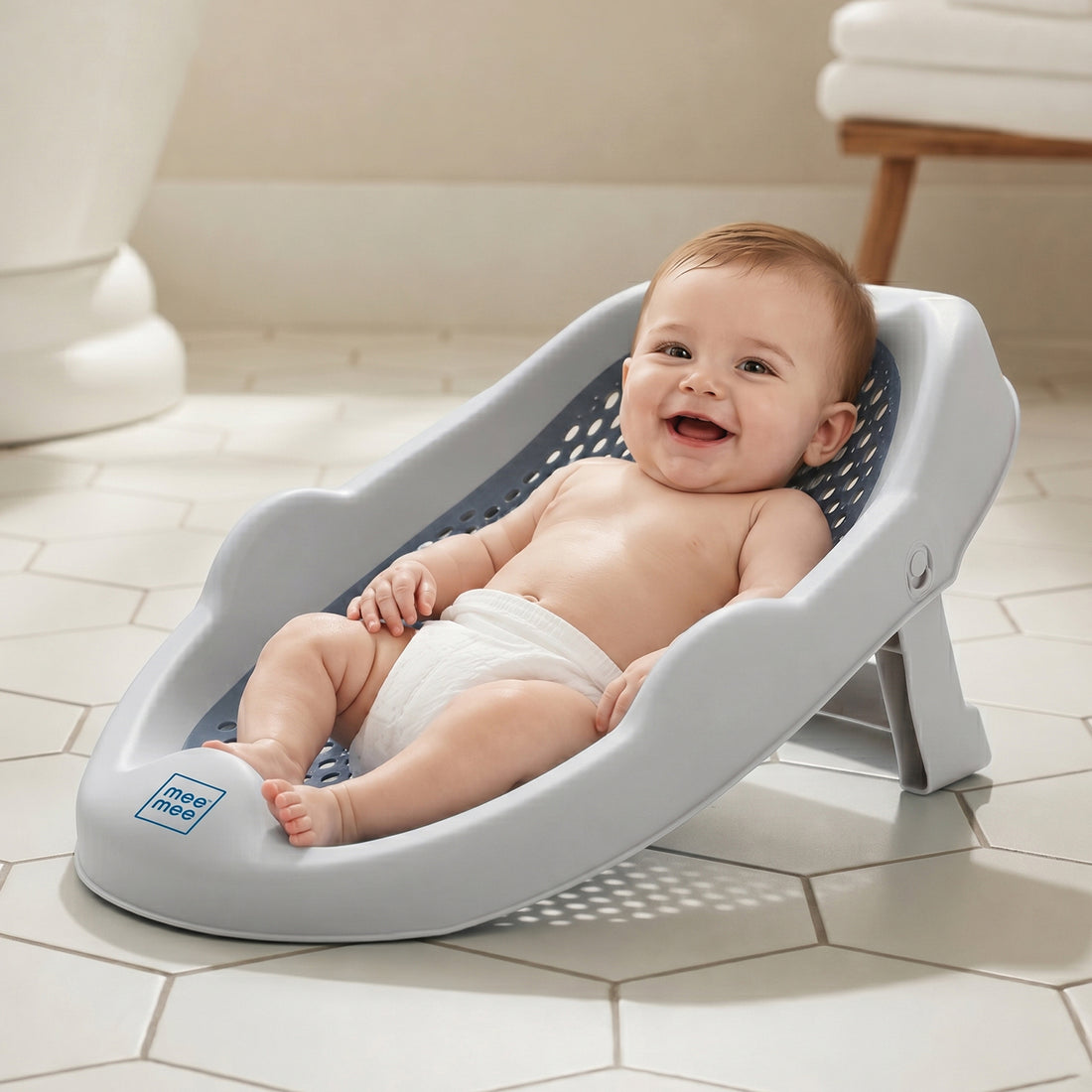 Mee Mee Mini Spa Baby Bath Chair with Spine Support Shield & Adjustable Recline | Anti-Skid Base, Quick-Drain Mesh, BPA-Free Ergonomic Bath Seat for Newborns & Infants, Portable Design (Blue)