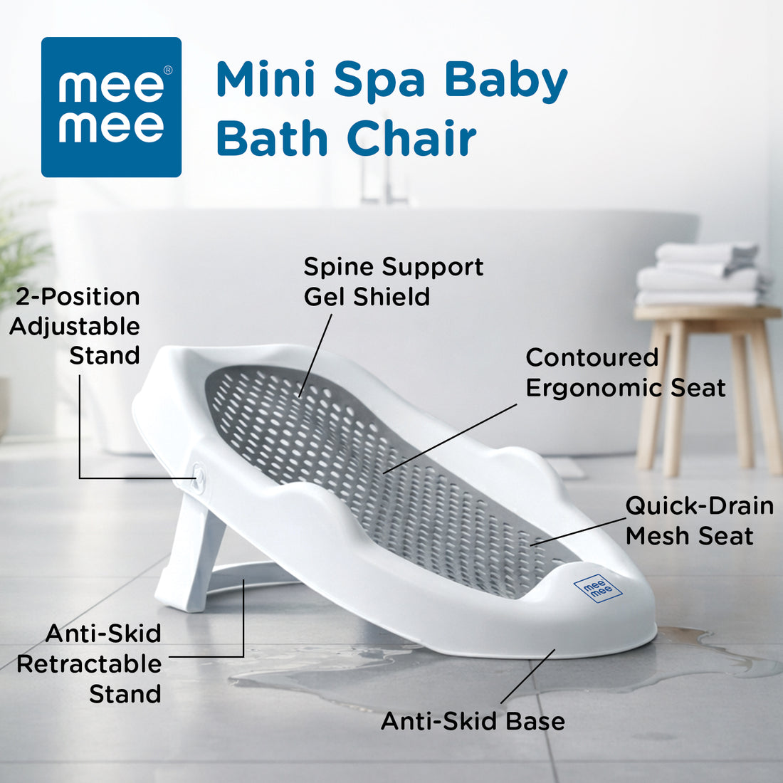 Mee Mee Mini Spa Baby Bath Chair with Spine Support Shield & Adjustable Recline | Anti-Skid Base, Quick-Drain Mesh, BPA-Free Ergonomic Bath Seat for Newborns & Infants, Portable Design (Blue)