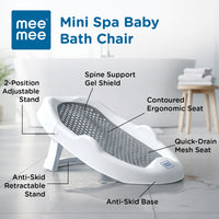 Mee Mee Mini Spa Baby Bath Chair with Spine Support Shield & Adjustable Recline | Anti-Skid Base, Quick-Drain Mesh, BPA-Free Ergonomic Bath Seat for Newborns & Infants, Portable Design (Blue)