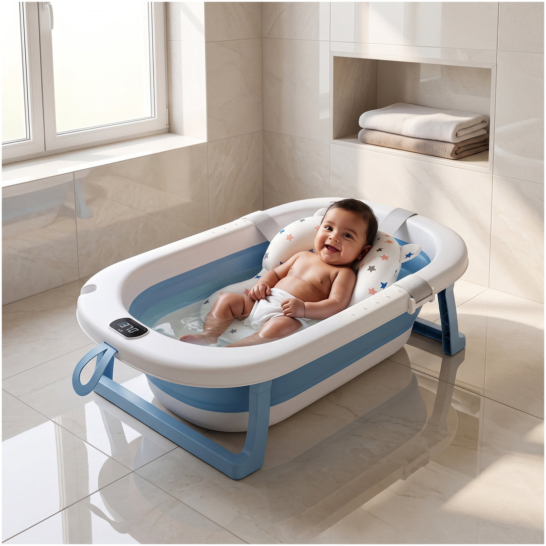 Mee Mee Baby Bath Tub with Digital Temperature Display & Floating Cushion | Foldable BPA-Free Tub with Anti-Skid Base & Drain Plug | Included Components: Tub, Cushion, Drain Plug | 0–5 Years (Up to 20 kg)