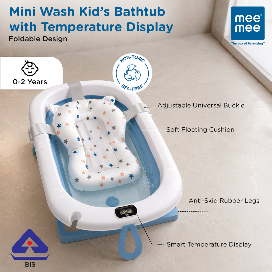 Mee Mee Baby Bath Tub with Digital Temperature Display & Floating Cushion | Foldable BPA-Free Tub with Anti-Skid Base & Drain Plug | Included Components: Tub, Cushion, Drain Plug | 0–5 Years (Up to 20 kg)