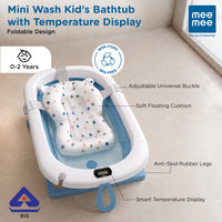 Mee Mee Baby Bath Tub with Digital Temperature Display & Floating Cushion | Foldable BPA-Free Tub with Anti-Skid Base & Drain Plug | Included Components: Tub, Cushion, Drain Plug | 0–5 Years (Up to 20 kg)