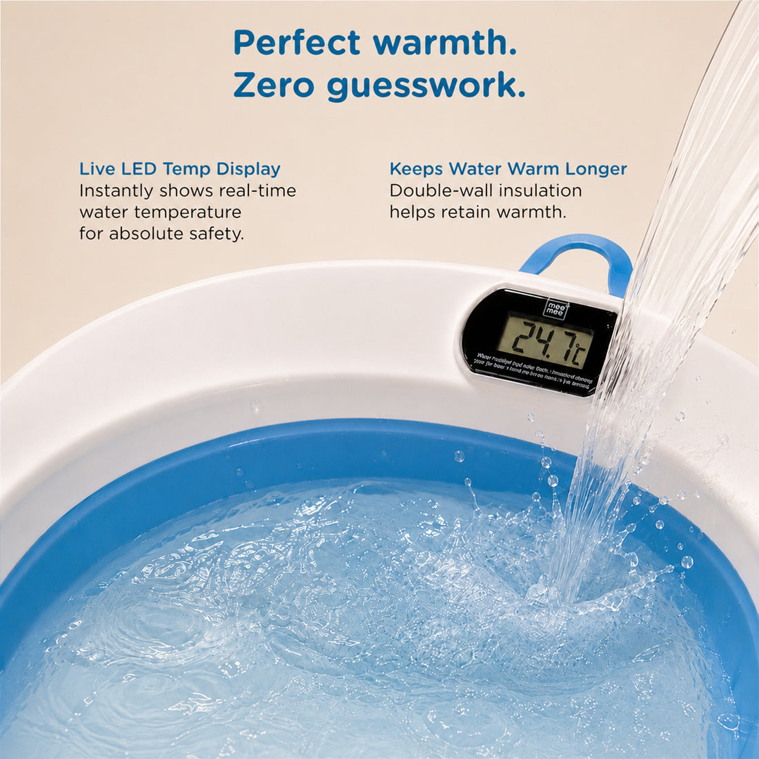 Mee Mee Baby Bath Tub with Digital Temperature Display & Floating Cushion | Foldable BPA-Free Tub with Anti-Skid Base & Drain Plug | Included Components: Tub, Cushion, Drain Plug | 0–5 Years (Up to 20 kg)