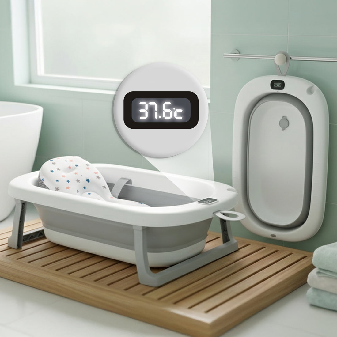 Mee Mee Foldable Baby Bath Tub with Digital Temperature Display & Floating Cushion | BPA-Free Infant Bathtub with Anti-Skid Base & Drain Plug | Portable Kids Bath Tub for Newborns & Toddlers (0–5 Years, Up to 20 kg) Grey