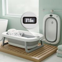 Mee Mee Foldable Baby Bath Tub with Digital Temperature Display & Floating Cushion | BPA-Free Infant Bathtub with Anti-Skid Base & Drain Plug | Portable Kids Bath Tub for Newborns & Toddlers (0–5 Years, Up to 20 kg) Grey