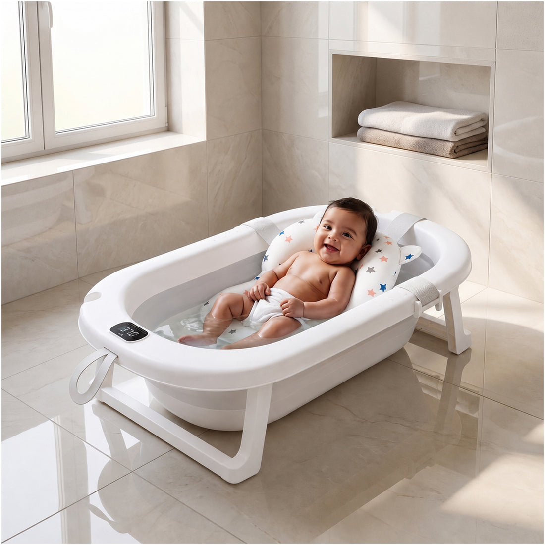 Mee Mee Foldable Baby Bath Tub with Digital Temperature Display & Floating Cushion | BPA-Free Infant Bathtub with Anti-Skid Base & Drain Plug | Portable Kids Bath Tub for Newborns & Toddlers (0–5 Years, Up to 20 kg) Grey