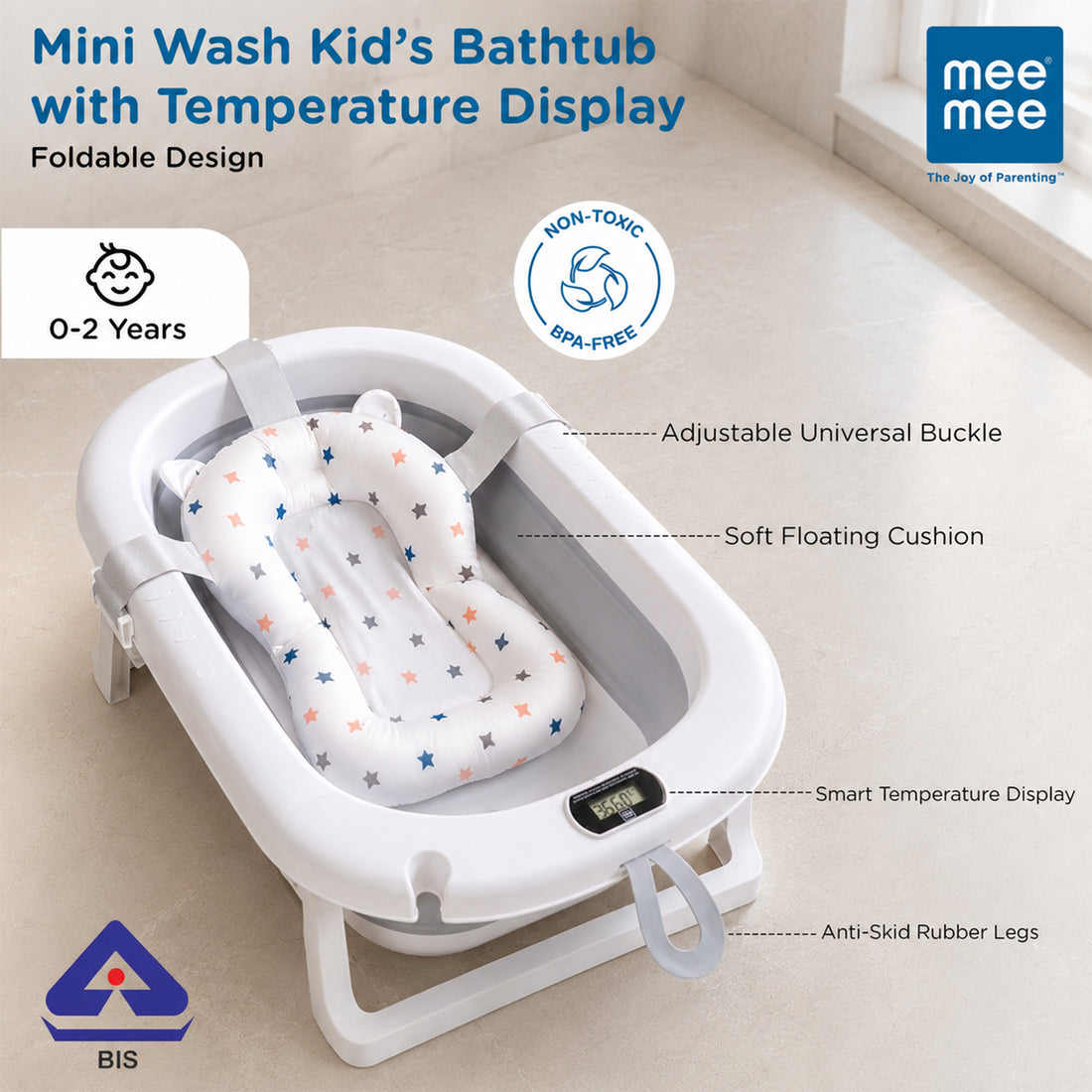 Mee Mee Foldable Baby Bath Tub with Digital Temperature Display & Floating Cushion | BPA-Free Infant Bathtub with Anti-Skid Base & Drain Plug | Portable Kids Bath Tub for Newborns & Toddlers (0–5 Years, Up to 20 kg) Grey