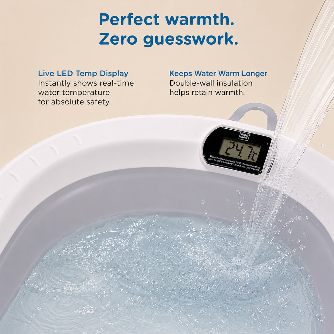 Mee Mee Foldable Baby Bath Tub with Digital Temperature Display & Floating Cushion | BPA-Free Infant Bathtub with Anti-Skid Base & Drain Plug | Portable Kids Bath Tub for Newborns & Toddlers (0–5 Years, Up to 20 kg) Grey