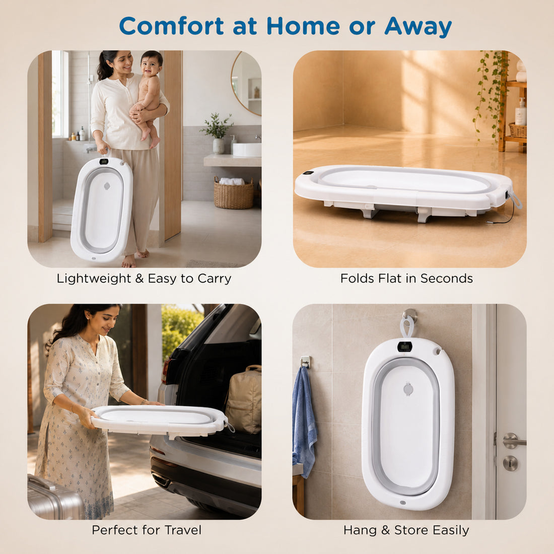 Mee Mee Foldable Baby Bath Tub with Digital Temperature Display & Floating Cushion | BPA-Free Infant Bathtub with Anti-Skid Base & Drain Plug | Portable Kids Bath Tub for Newborns & Toddlers (0–5 Years, Up to 20 kg) Grey