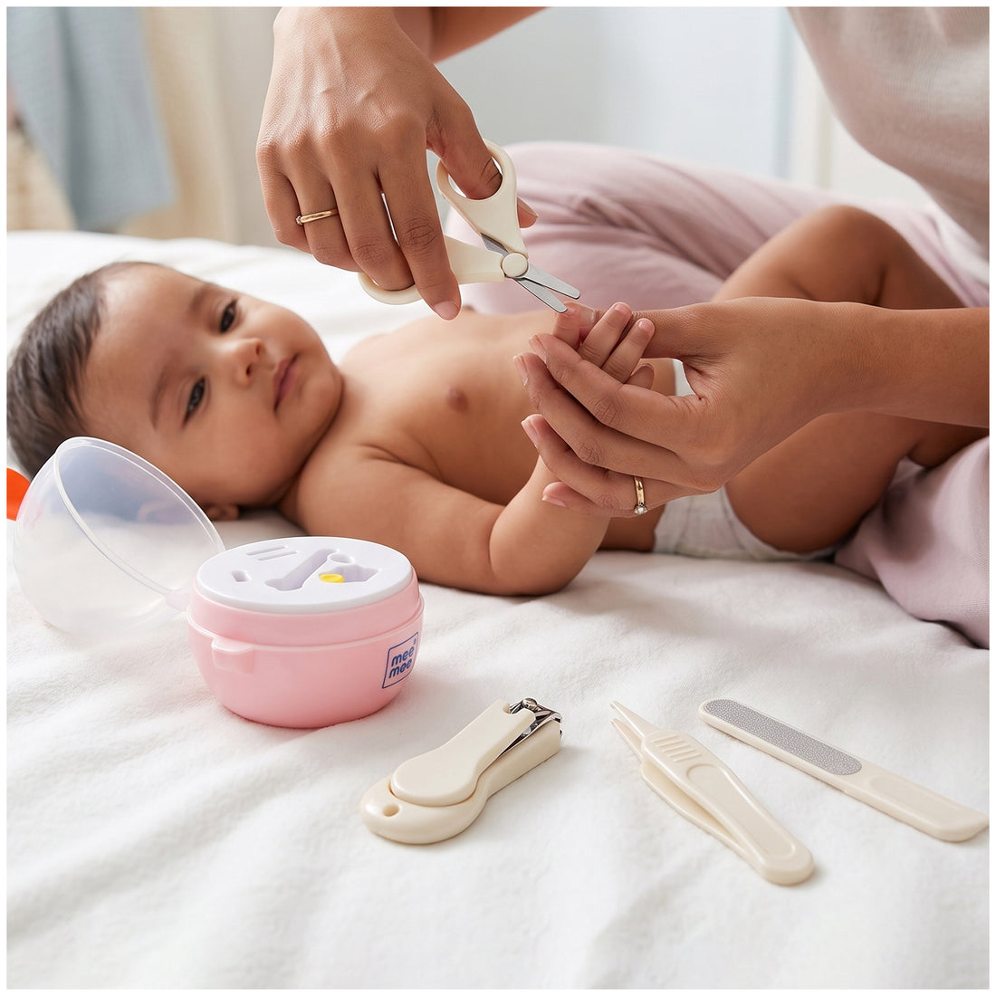 Mee Mee Snip-n-Care 4-in-1 Baby Grooming Kit with Baby Nail Clipper, Scissors, Tweezers & Nail File, BPA Free, Stainless Steel, Safe Nail Care Set