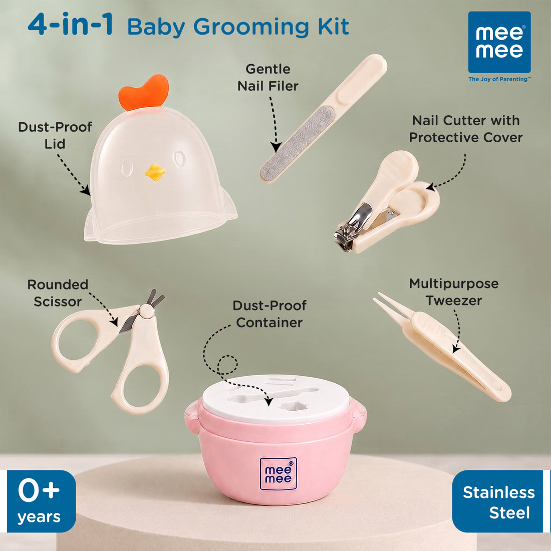 Mee Mee Snip-n-Care 4-in-1 Baby Grooming Kit with Baby Nail Clipper, Scissors, Tweezers & Nail File, BPA Free, Stainless Steel, Safe Nail Care Set