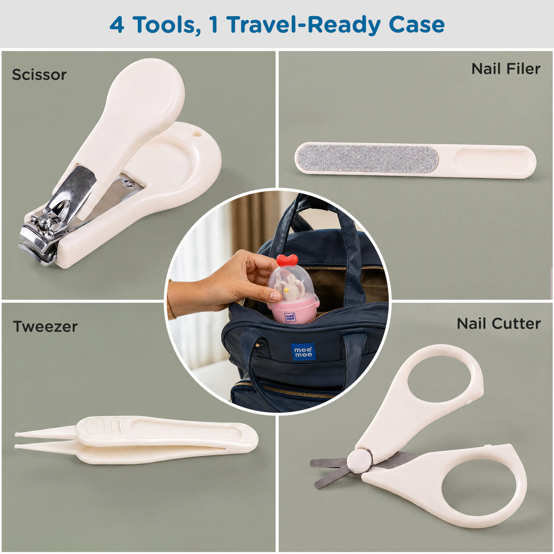 Mee Mee Snip-n-Care 4-in-1 Baby Grooming Kit with Baby Nail Clipper, Scissors, Tweezers & Nail File, BPA Free, Stainless Steel, Safe Nail Care Set
