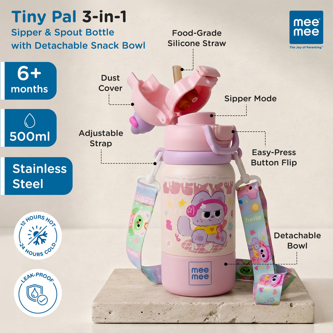 Mee Mee Tiny Pal 2-in-1 Sipper & Spout Kids Bottle, 500ml, Vacuum Insulated Stainless Steel Water Bottle with Adjustable Strap, Leak-Proof & Travel Friendly