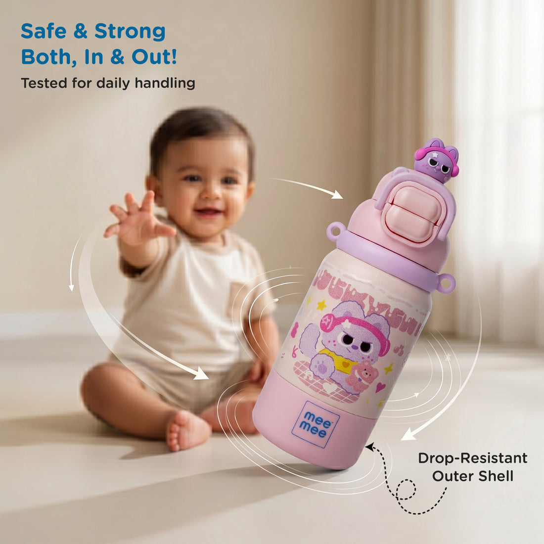 Mee Mee Tiny Pal 2-in-1 Sipper & Spout Kids Bottle, 500ml, Vacuum Insulated Stainless Steel Water Bottle with Adjustable Strap, Leak-Proof & Travel Friendly