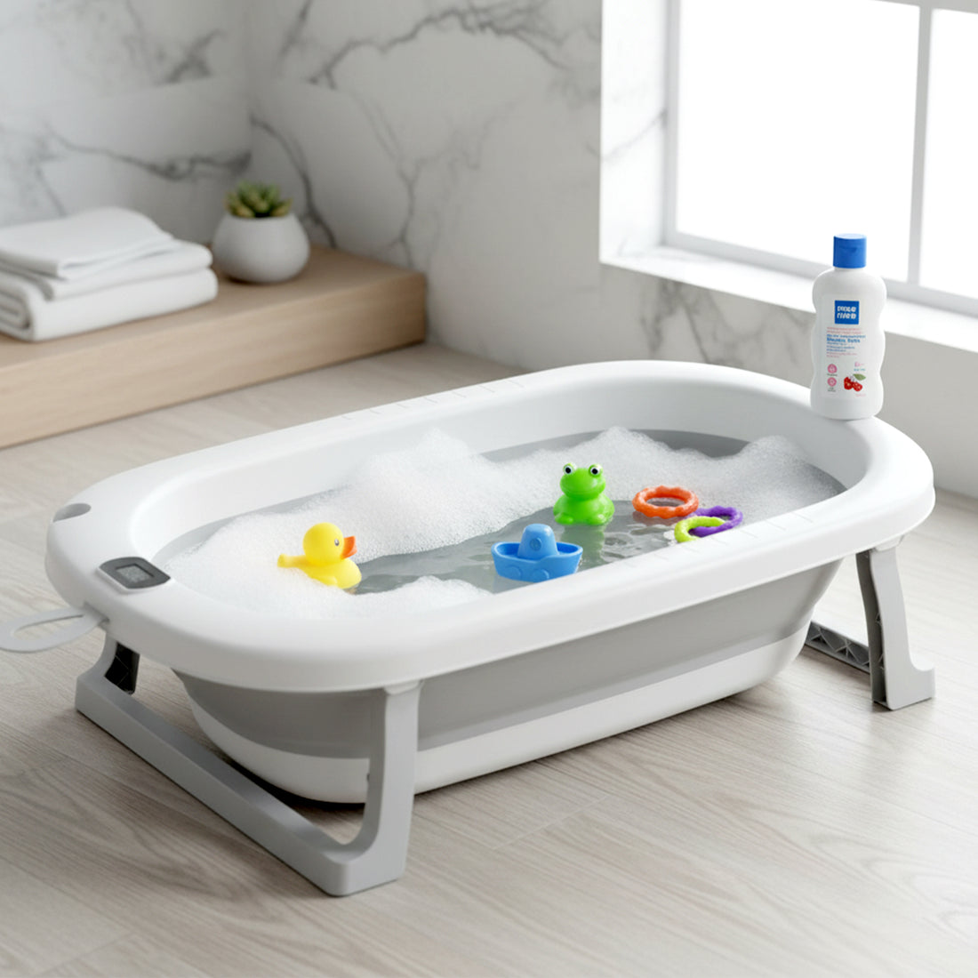 Mee Mee Baby Bath Tub with Digital Temperature Display | Foldable BPA-Free Infant Tub with Anti-Skid Base, Insulated Walls & Drain Plug | Included Components: Tub, Drain Plug | 0–5 Years (Up to 20 kg)(Grey)