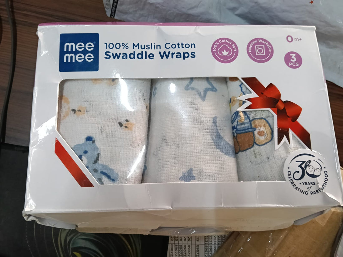 Mee Mee 100% Muslin Cotton Swaddle Wrapper Set (Pack of 3) | Soft, Quick-Drying & Highly Absorbent Baby Blanket Towel | Printed Mulmul Cloth for Newborn Essentials (Multicolour, 120 × 100 cm)