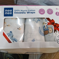Mee Mee 100% Muslin Cotton Swaddle Wrapper Set (Pack of 3) | Soft, Quick-Drying & Highly Absorbent Baby Blanket Towel | Printed Mulmul Cloth for Newborn Essentials (Multicolour, 120 × 100 cm)