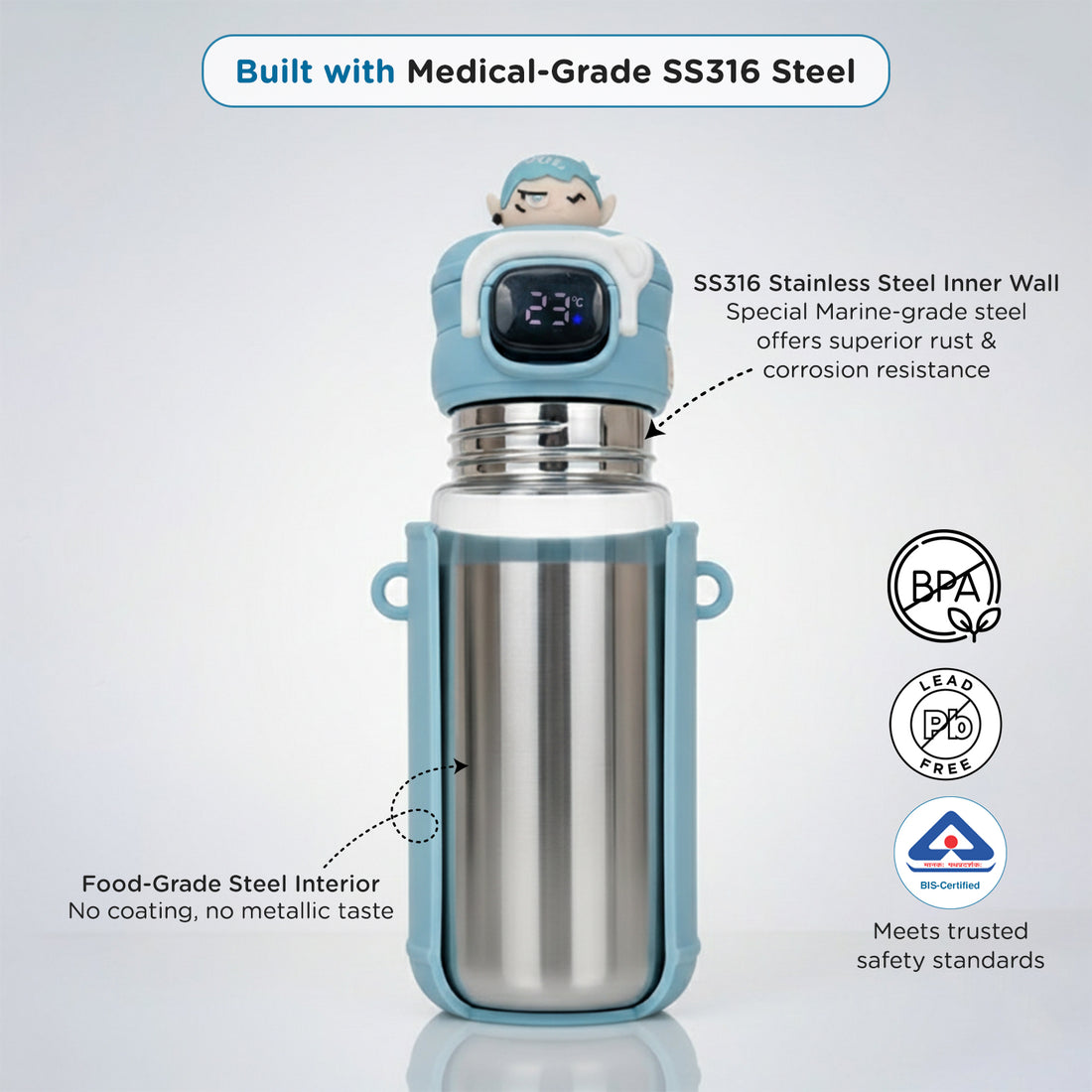 Mee Mee Zippy Sippy 500ml Kids Stainless Steel Water Bottle with Smart Temperature Display | SS316 Steel | 3 Drinking Modes | Leak-Proof Insulated Hot & Cold Bottle | BPA-Free | 2–10 Years