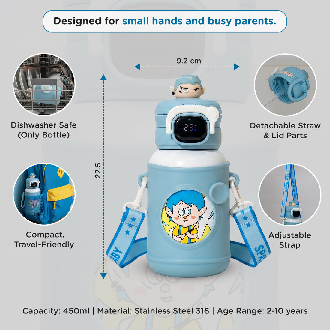 Mee Mee Zippy Sippy 500ml Kids Stainless Steel Water Bottle with Smart Temperature Display | SS316 Steel | 3 Drinking Modes | Leak-Proof Insulated Hot & Cold Bottle | BPA-Free | 2–10 Years