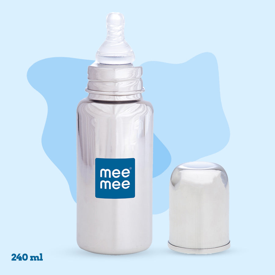 Mee Mee Milk Safe Steel Feeding Bottle with Anti-Colic Teat Baby Feeding Bottle with Easy-Flo Nipple 240ml